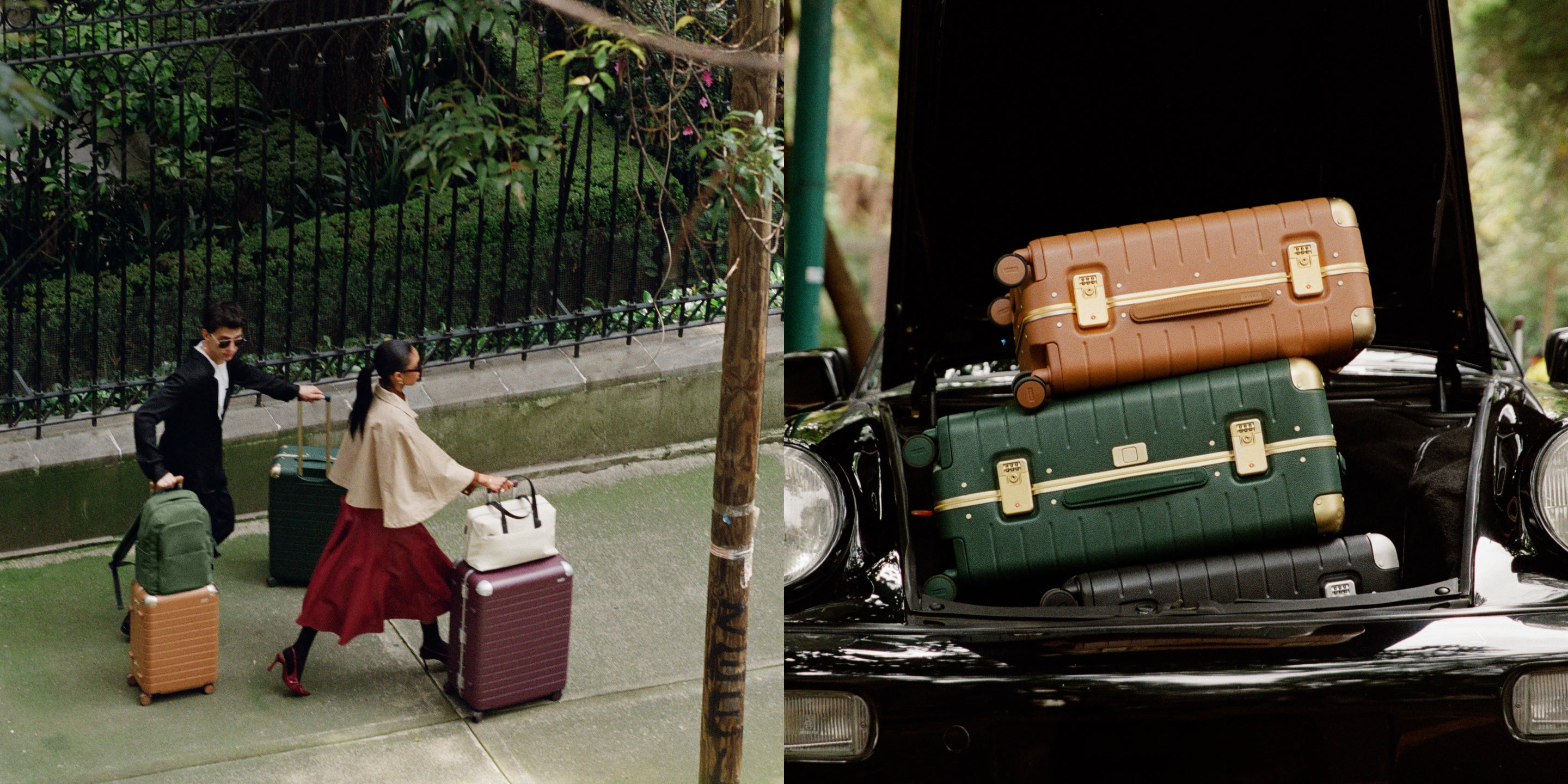 Image of travelers with hybrid suitcases and bags next to image of hybrid luggage sacked in a car trunk.