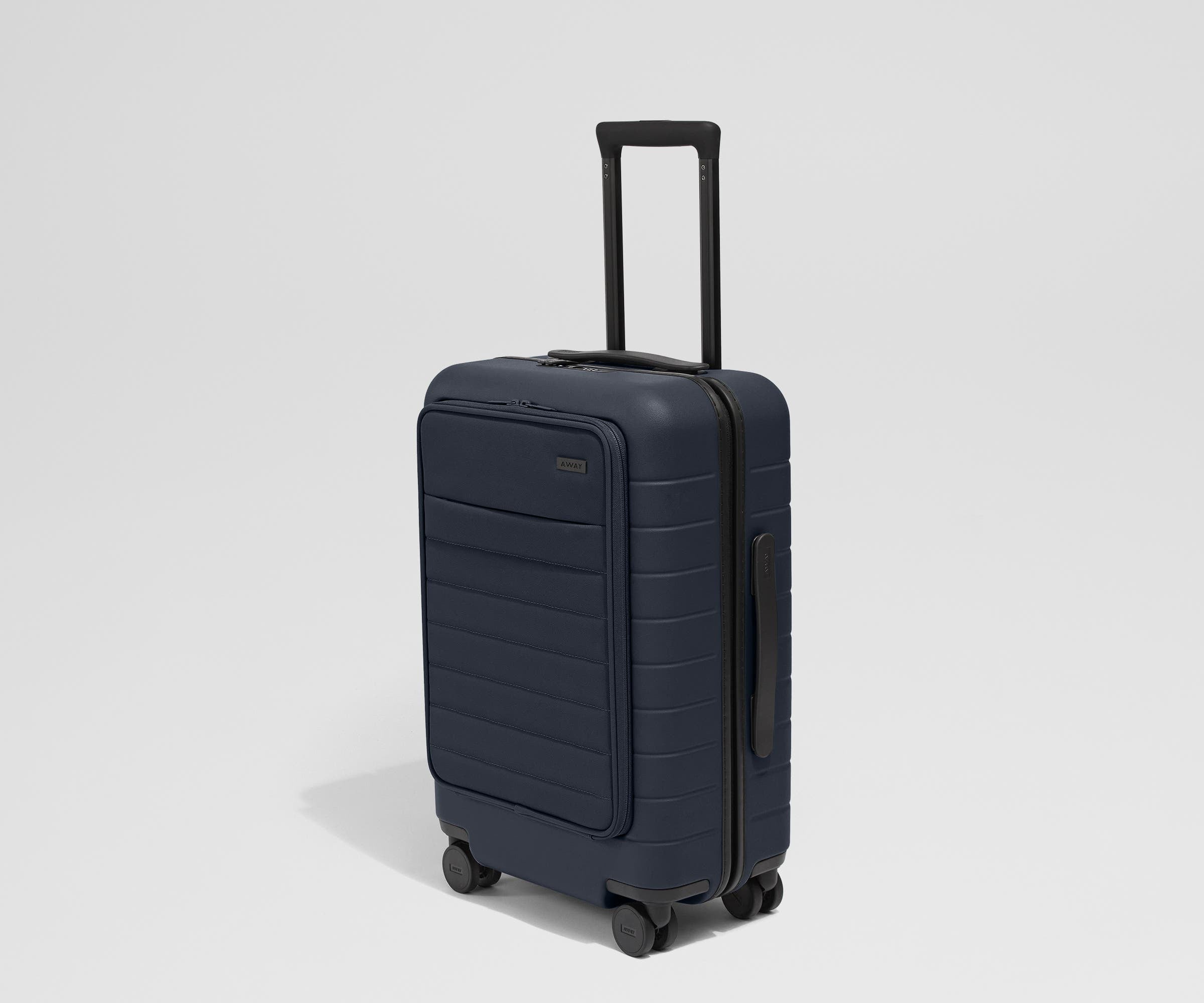 Angled product view of The Front Pocket Carry-On suitcase in Navy Blue