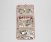 Unfolded Hanging Jewelry Oragnizer packed with jewelry and shown with the hook for easy hanging