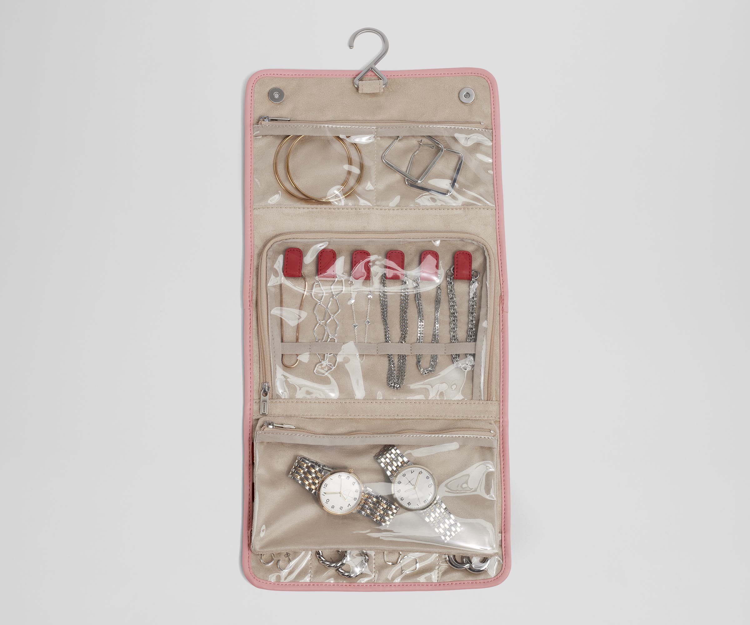 Unfolded Hanging Jewelry Oragnizer packed with jewelry and shown with the hook for easy hanging