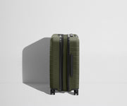 Side product view of The Carry-On Flex suitcase in Olive Green shown fully expanded