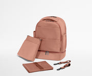 Backpack with the included stroller clips, carry-all pouch, and changing pad