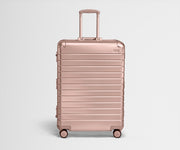 Front view of Large: Aluminum Edition luggage with handles raised