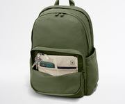 Green backpack with front pocket on a white background