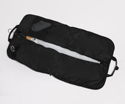 Garment Bag in Jet Black fully unzipped and packed to show capacity and features
