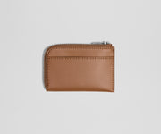 Brown leather wallet with a zipper on a light gray background