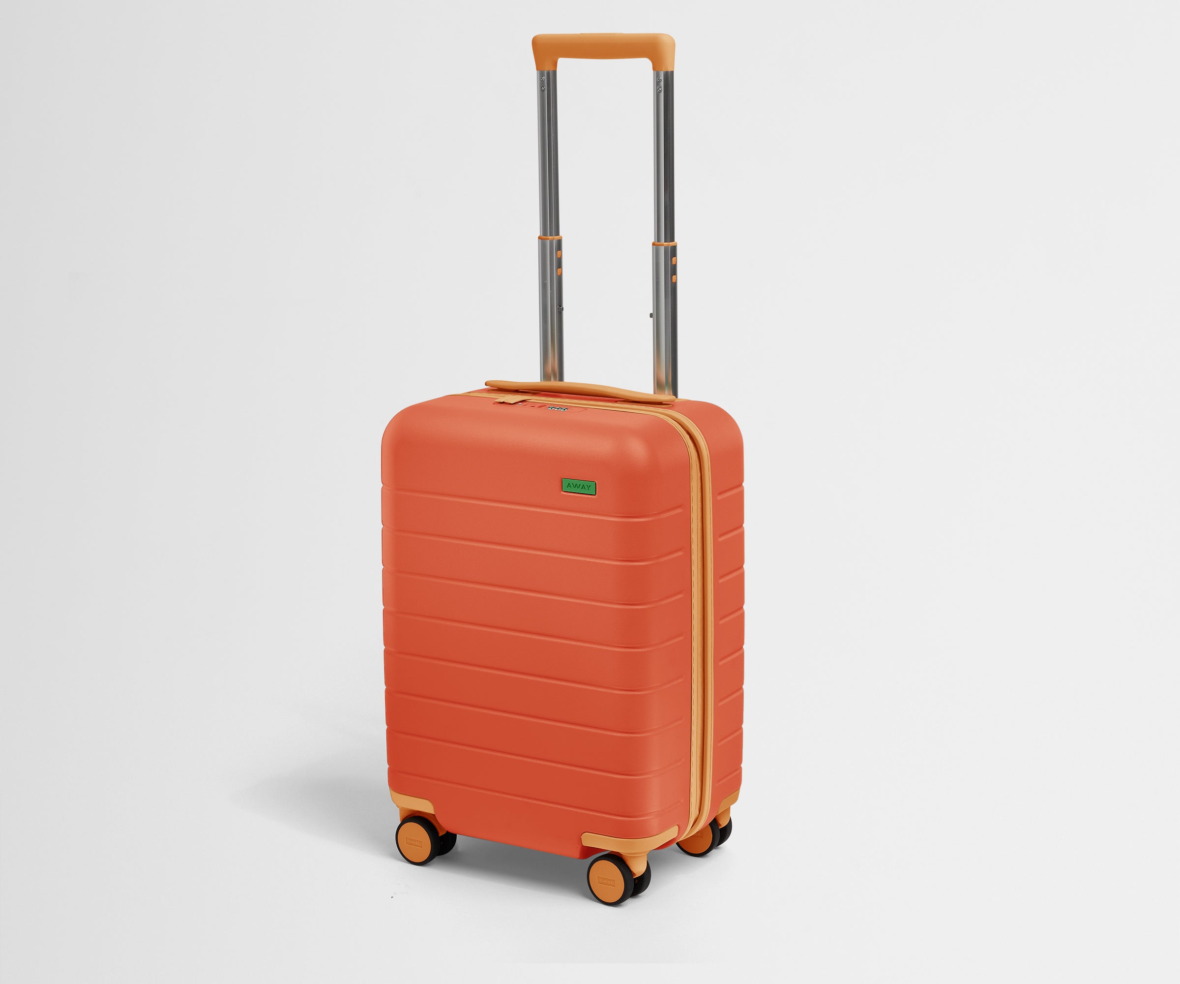 Angled product view of The Kids Carry-On suitcase in Poppy Orange