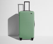 Front product view of The Trunk suitcase in Sea Green with raised handle
