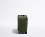 Side product view of The Softside Compast Carry-On suitcase in Olive Green shown fully expanded