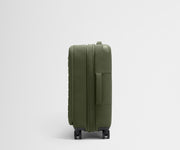 Side product view of The Softside Bigger Carry-On suitcase in Olive Green shown fully expanded