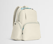 Beige backpack with blue accents on a light gray background