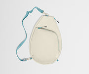 Beige racket bag with a blue strap on a light gray background