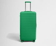Front product view of The Trunk suitcase in Palm Green with raised handle