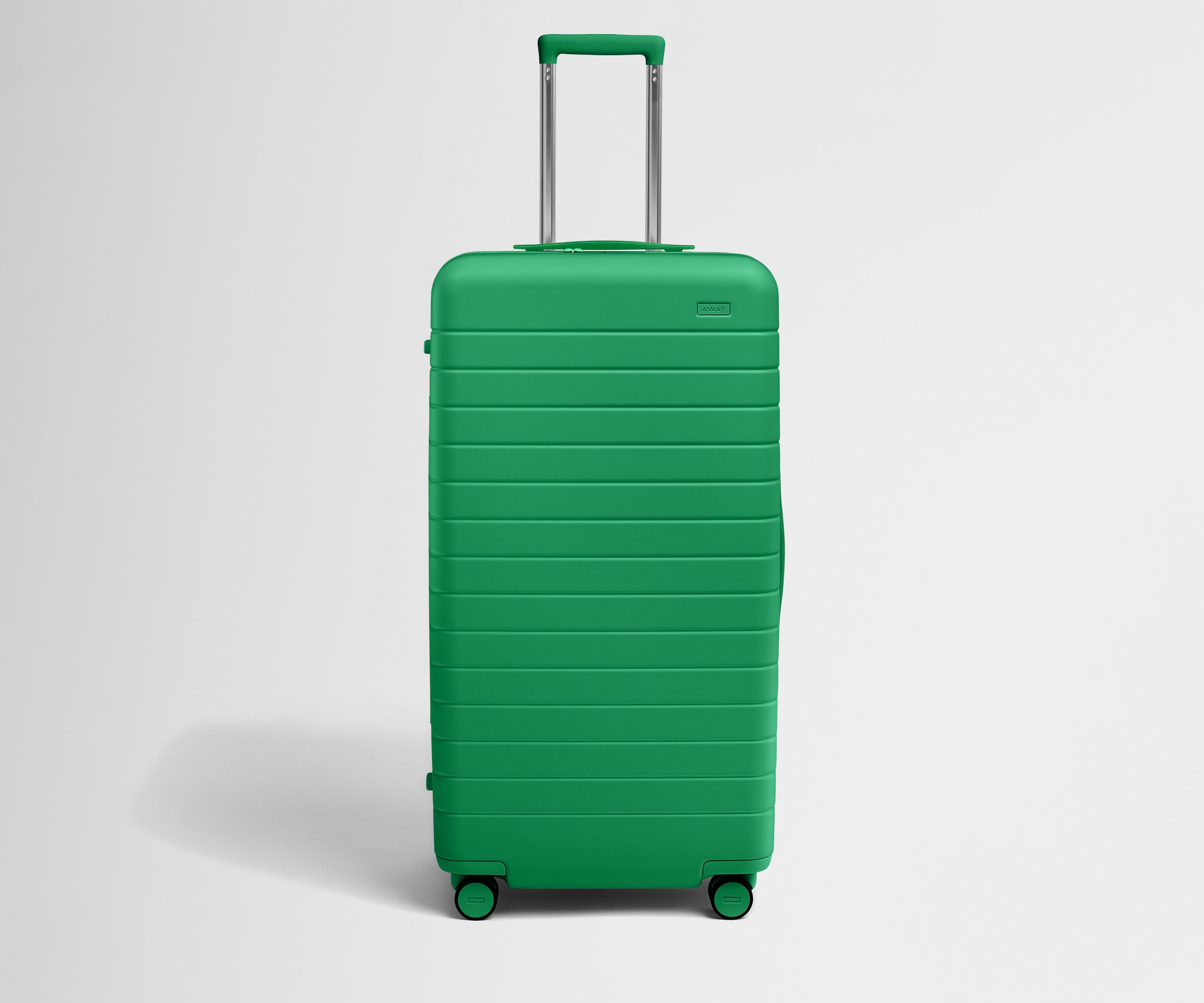 Front product view of The Trunk suitcase in Palm Green with raised handle