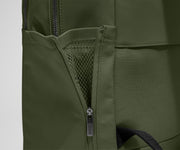 Close up view of the nylon material and exterior water bottle pocket