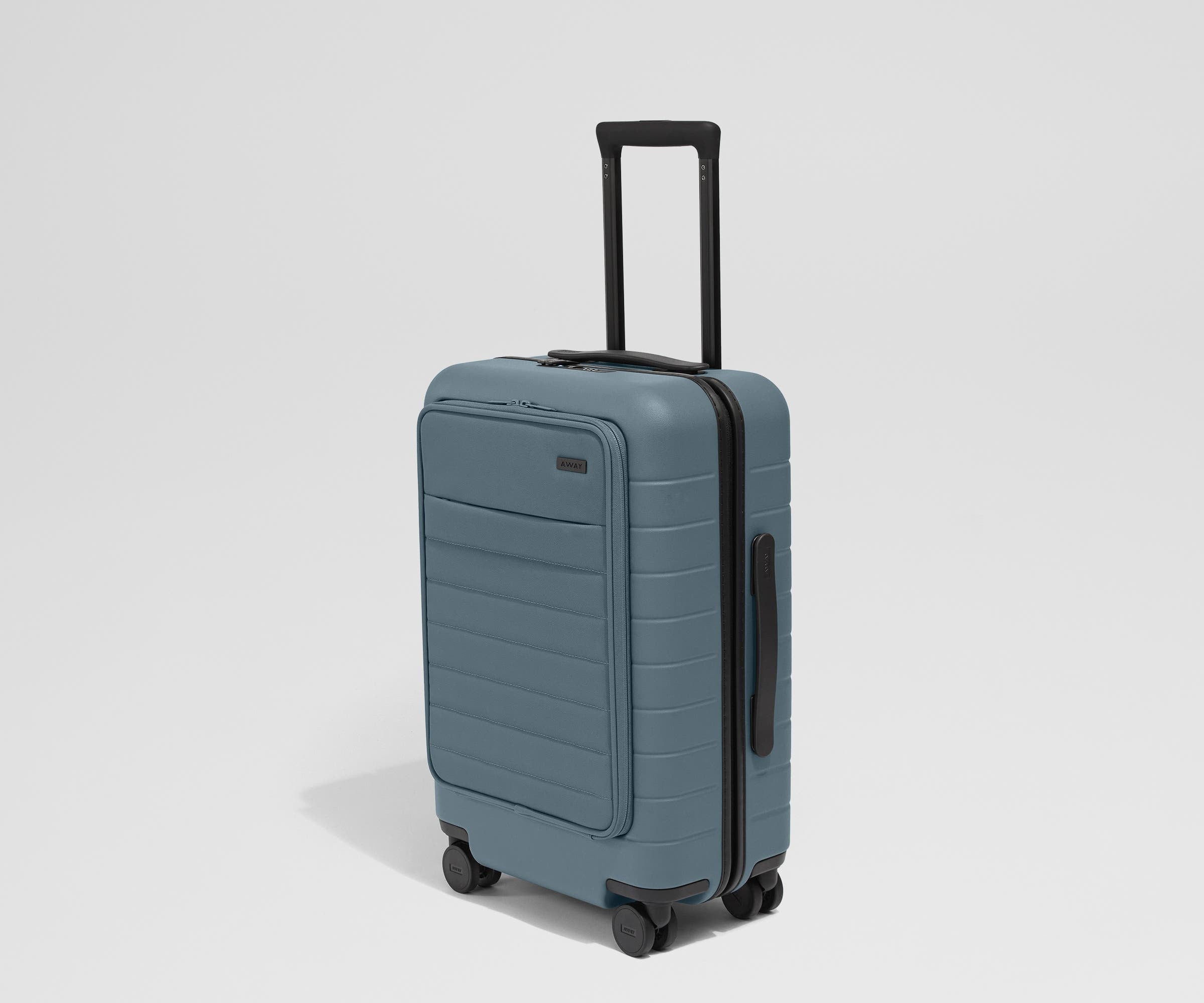 Angled product view of The Front Carry-On suitcase in Coast Blue