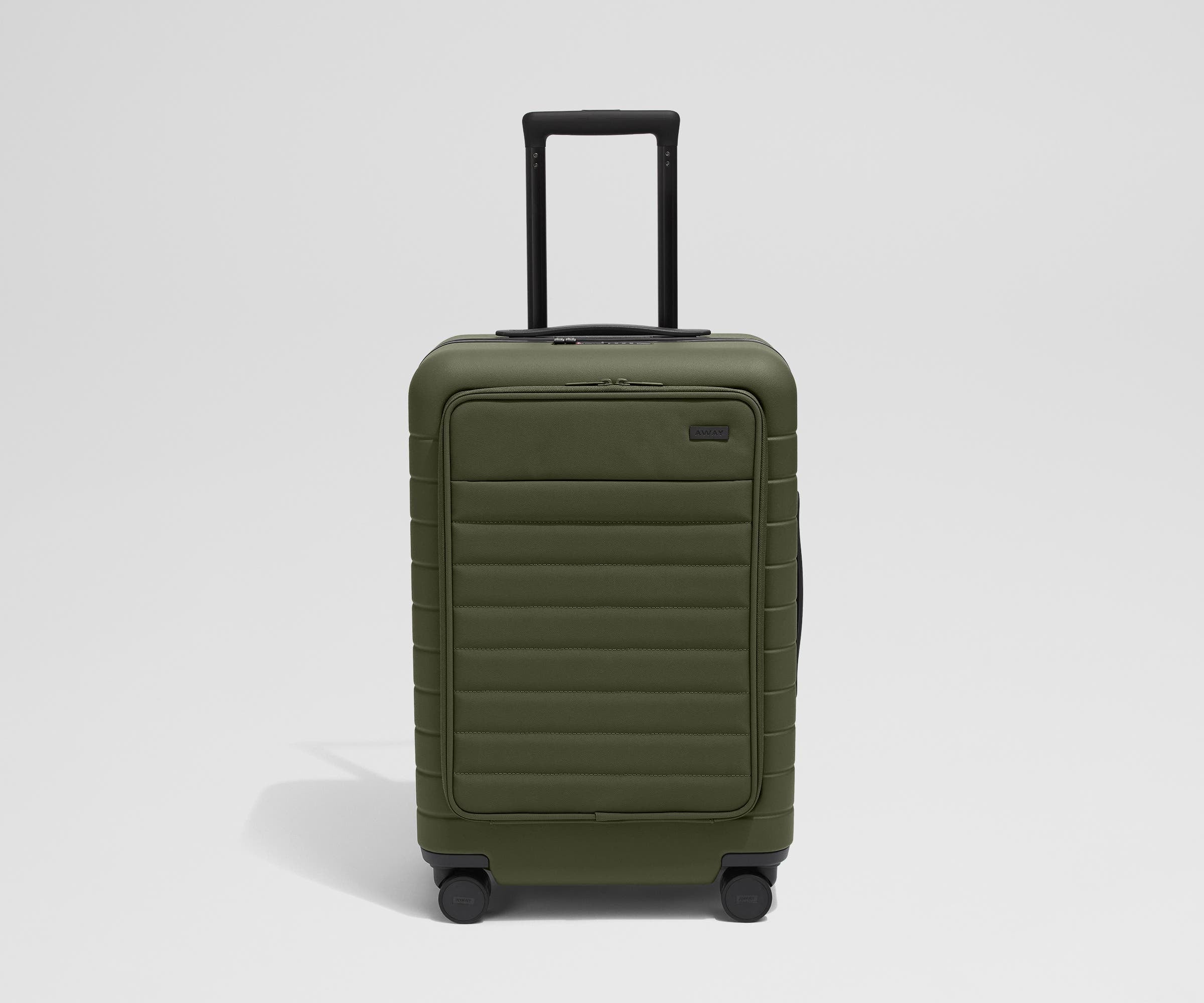 Front product view of The Front Pocket Bigger Carry-On suitcase in Olive Green with raised handle