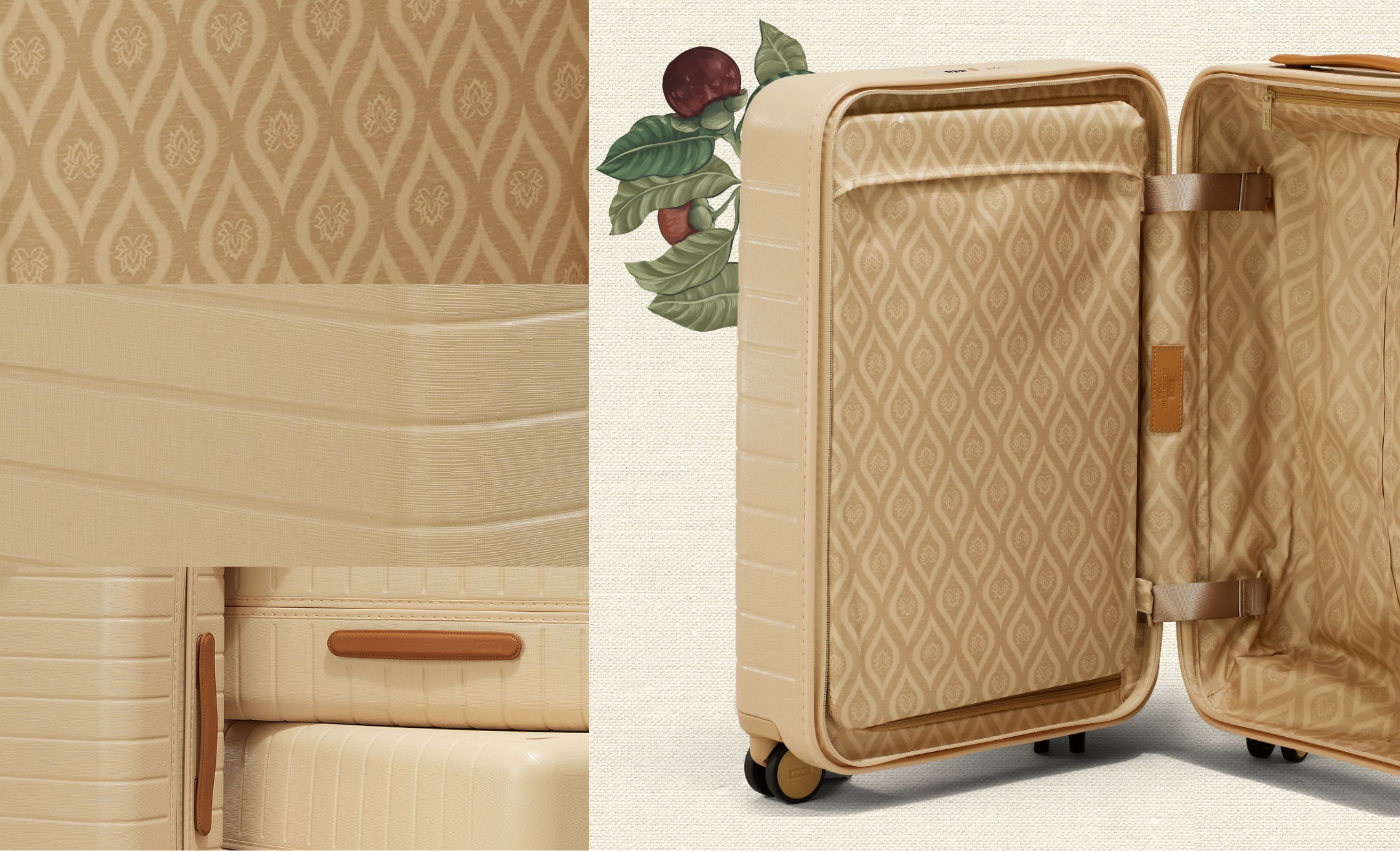 A collage of close up shots of Away White Lotus suitcases including the interior print and textured shell