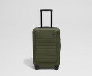 Front product view of The Front Carry-On suitcase in Olive Green with raised handle
