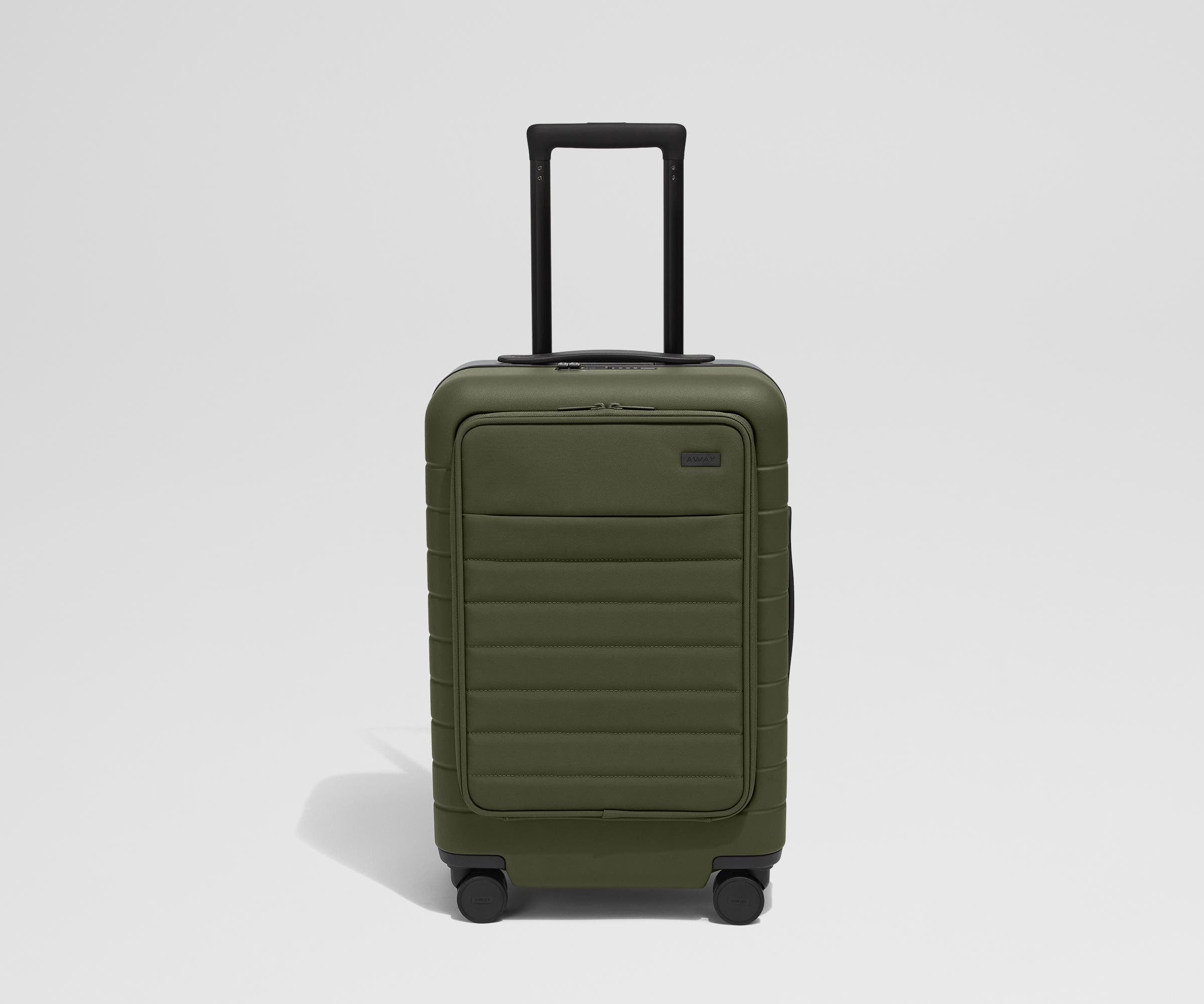 Front product view of The Front Carry-On suitcase in Olive Green with raised handle