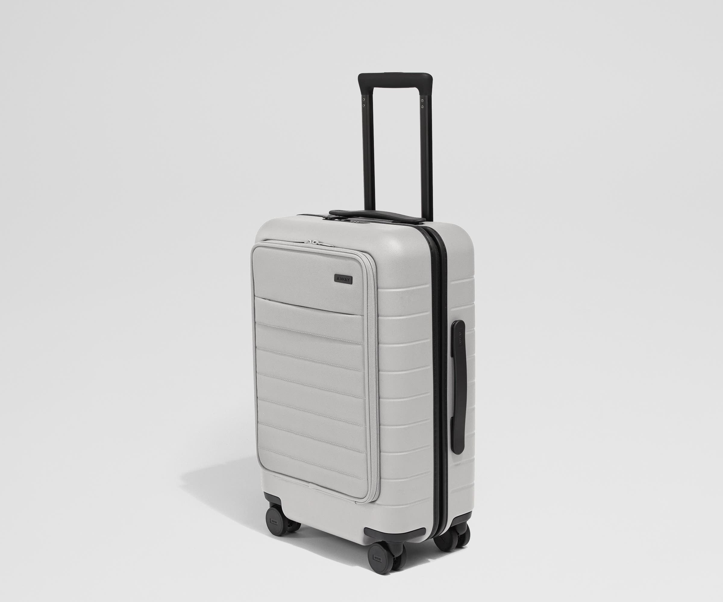 Angled product view of The Front Carry-On suitcase in Cloud Gray