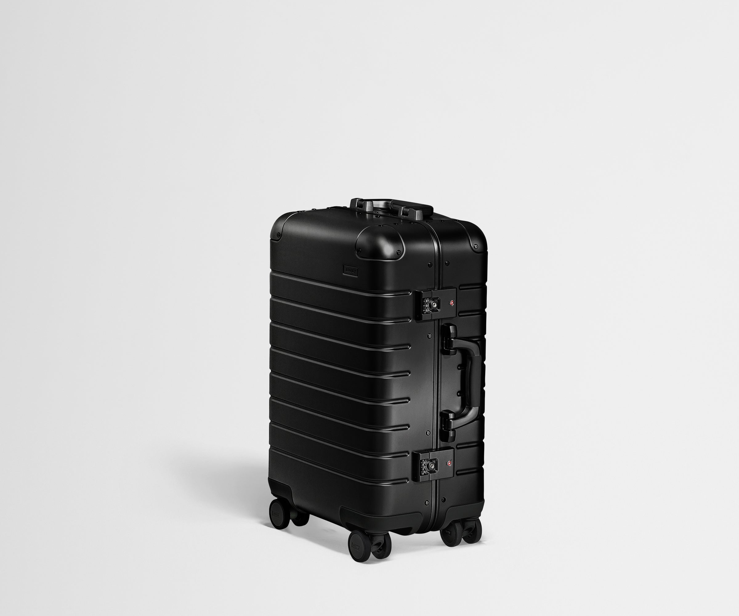 Angled view of an Onyx Black Carry-On Aluminum suitcase