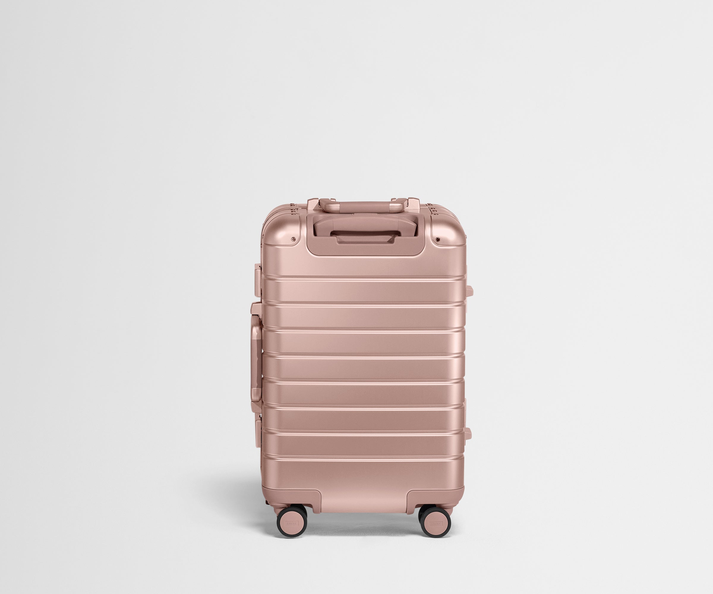 Back view of the Carry-On suitcase in Rose Gold aluminum