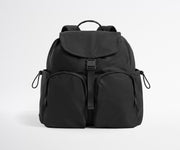 Black backpack on a light gray background