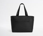 Black tote bag on a light gray background