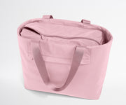 Pink tote bag with a zipper on a light gray background