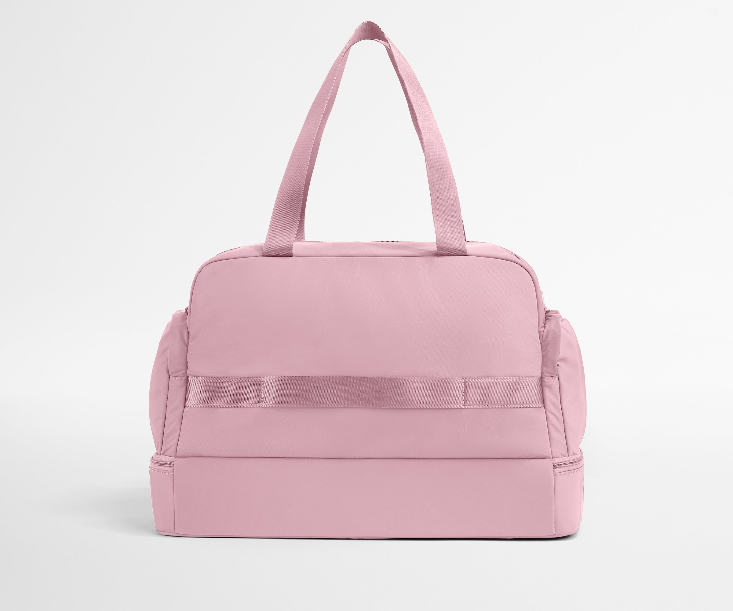 Pink duffel bag on a light gray background