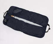 Garment Bag in Navy Blue fully unzipped and packed to show capacity and features