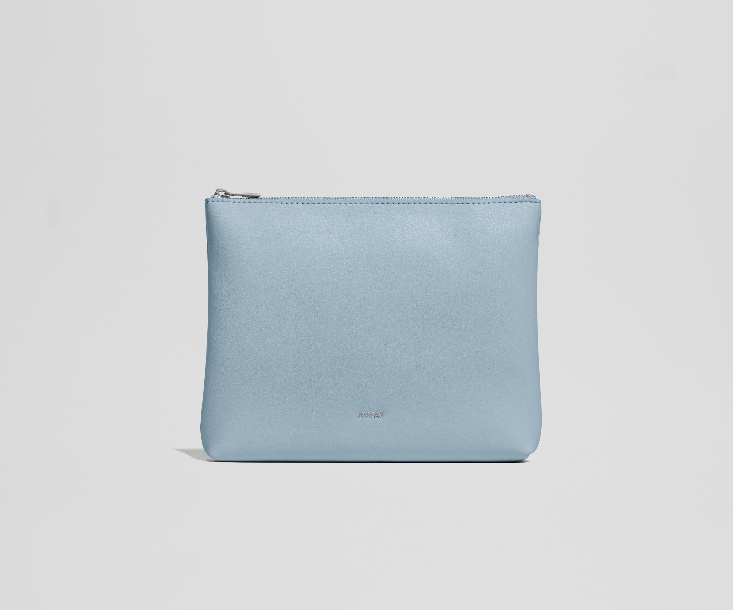 Light blue pouch with a brand logo on a light gray background