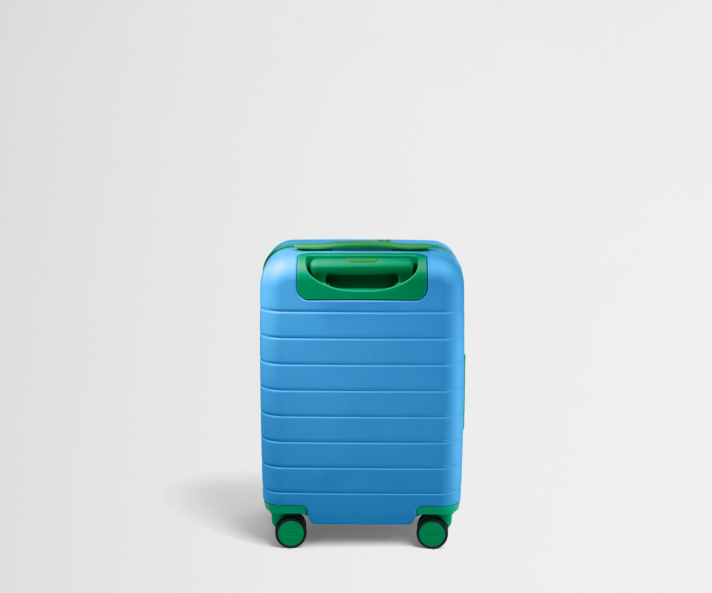 Back product view of The Kids Carry-On suitcase in Splash Blue with raised handle