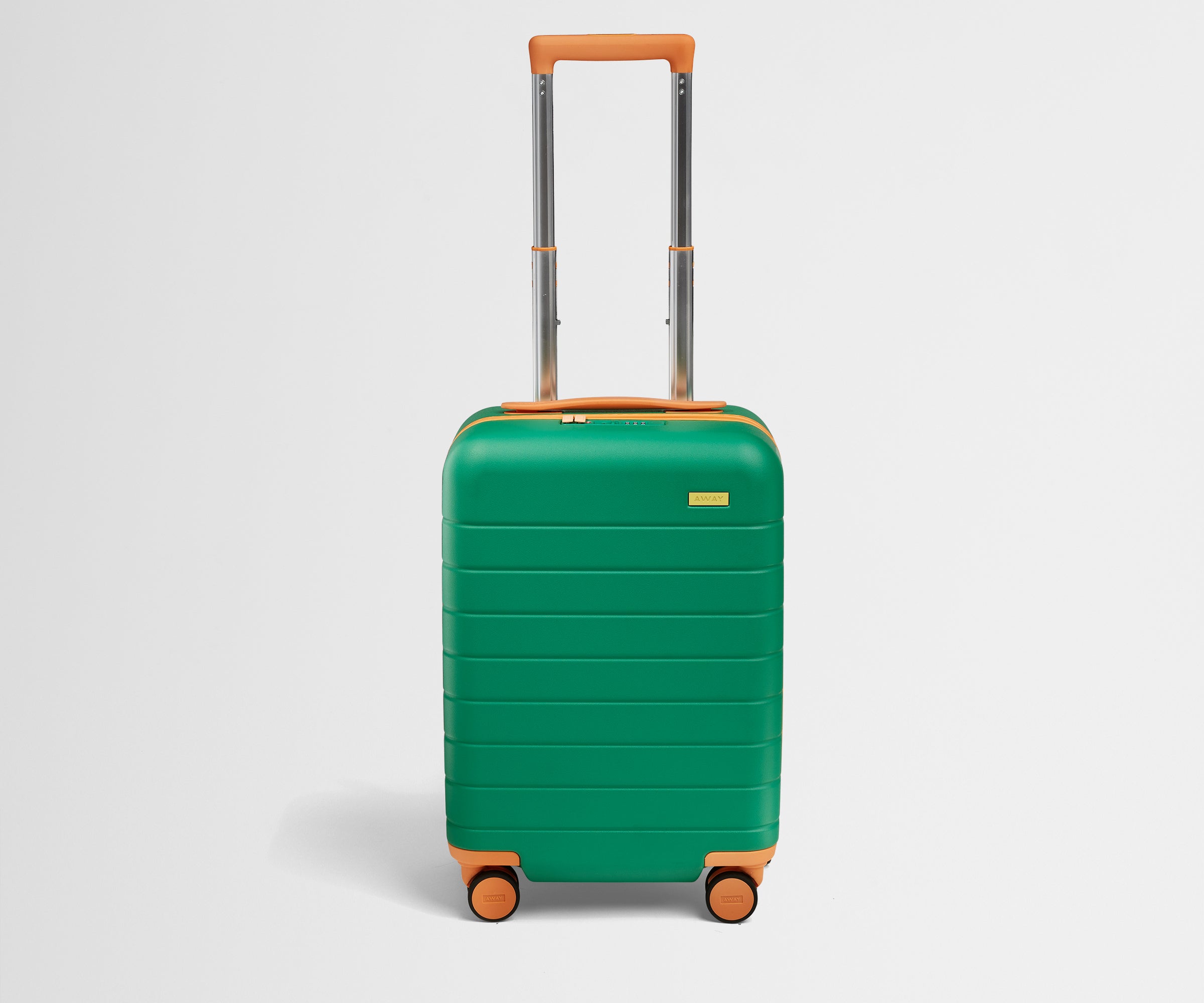 Front product view of The Kids Carry-On suitcase in Froggy Green with raised handle