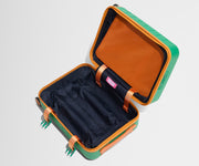 The Kids Carry-On suitcase in Froggy Green shown open and empty on its side to show capacity