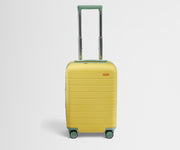 Front product view of The Kids Carry-On suitcase in Sunshine Yellow with raised handle