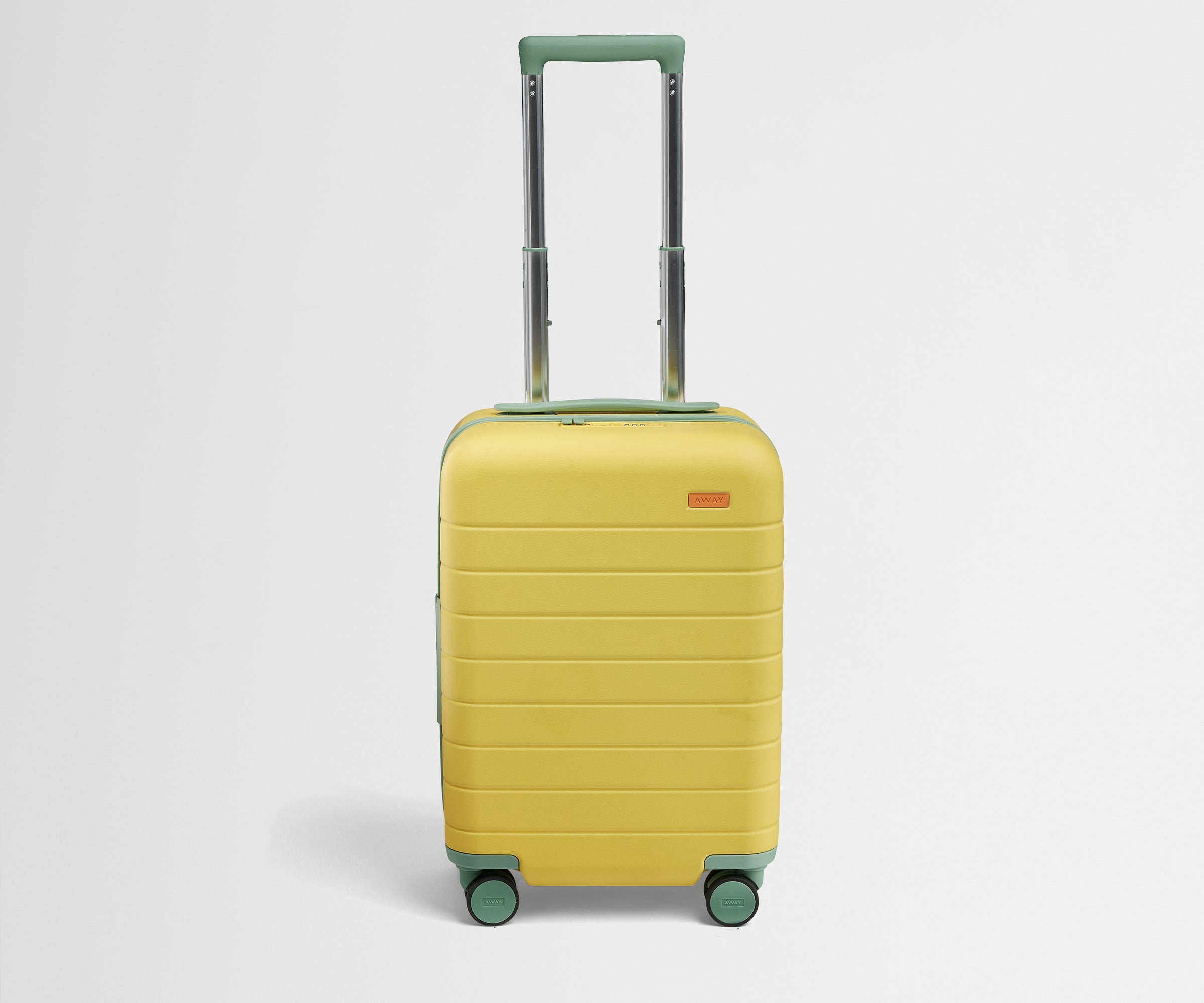 Front product view of The Kids Carry-On suitcase in Sunshine Yellow with raised handle