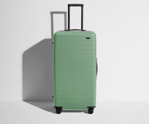 Front product view of The Trunk suitcase in Sea Green with raised handle