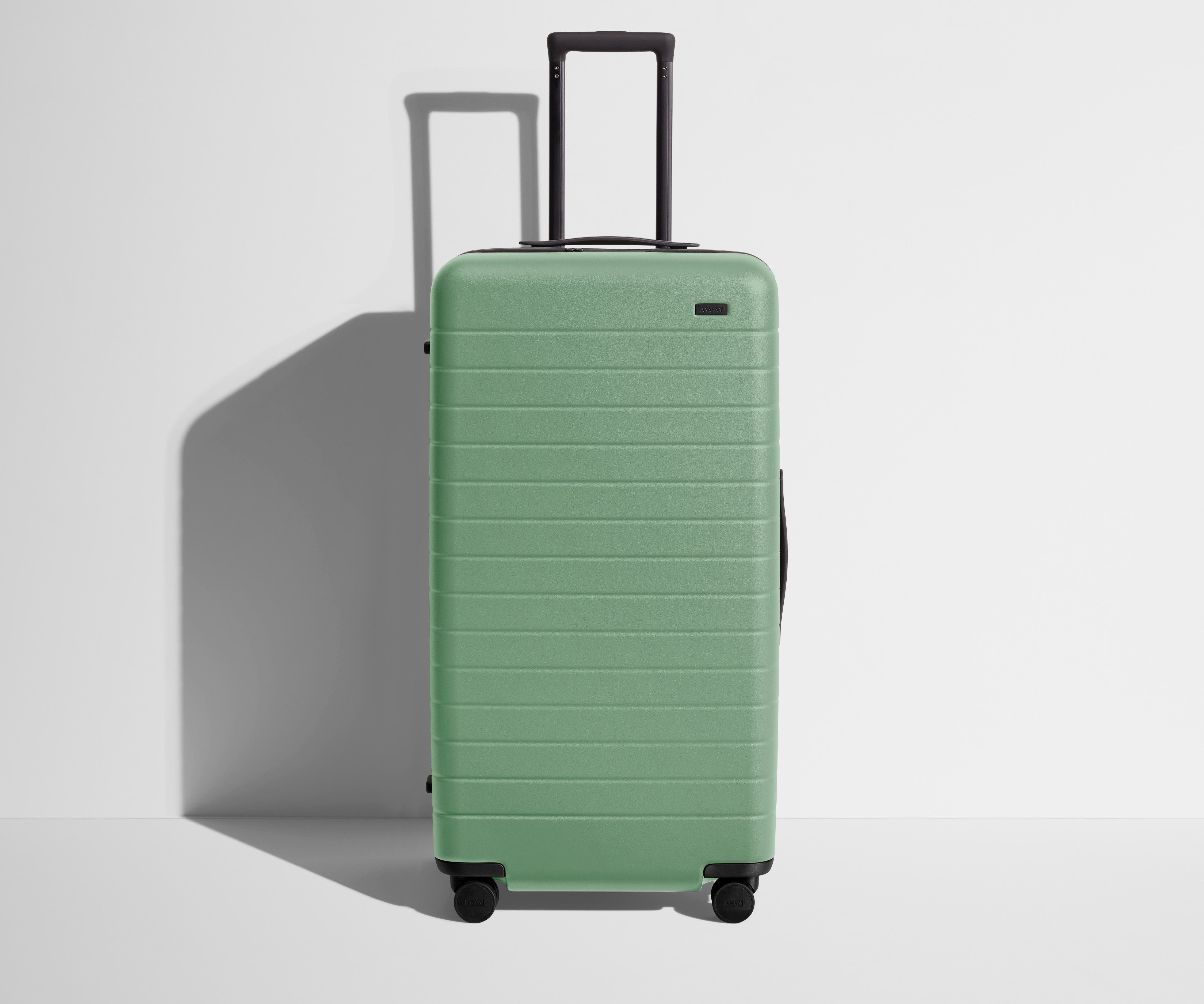 Front product view of The Trunk suitcase in Sea Green with raised handle