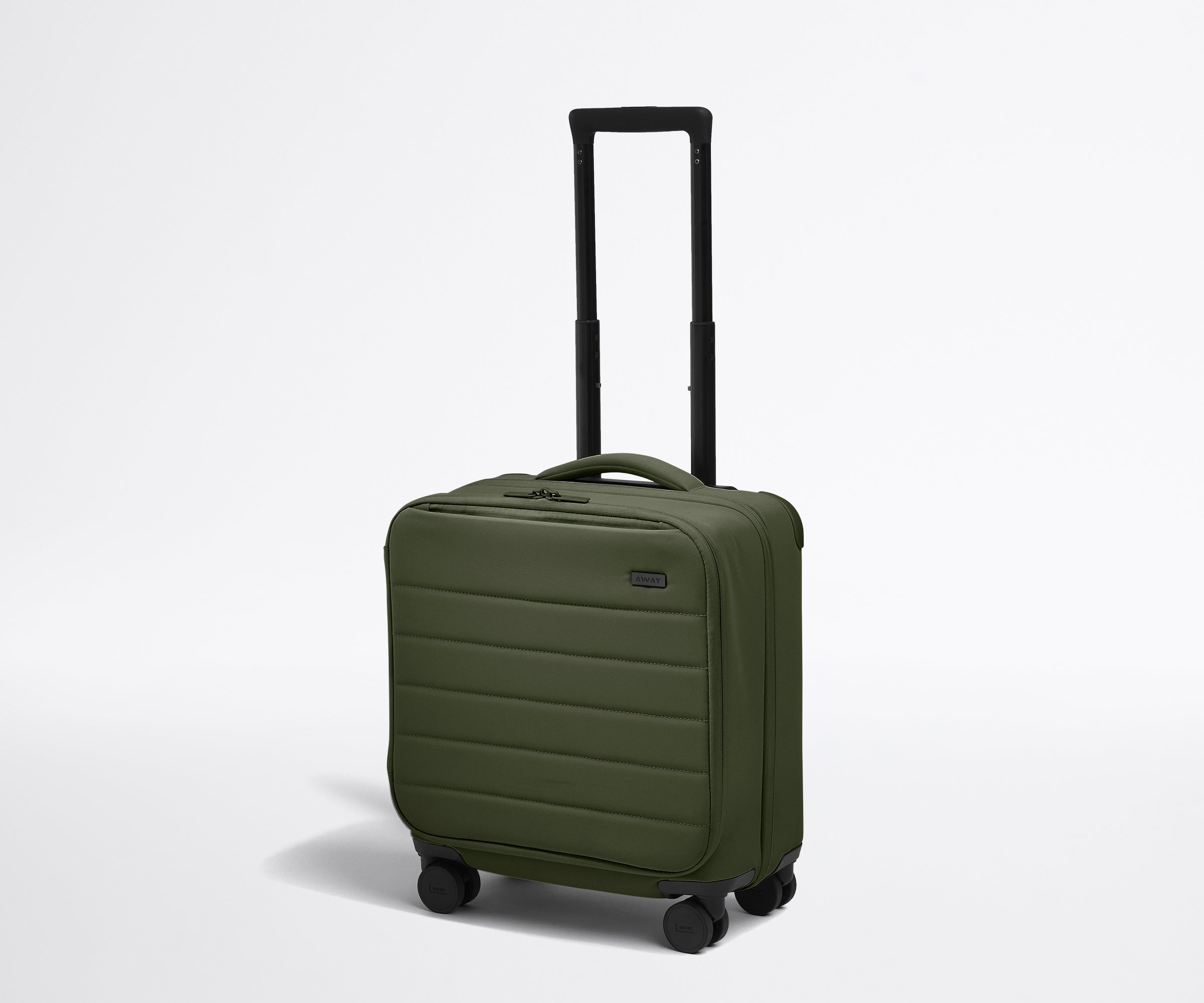Angled product view of The Softside Compact Carry-On suitcase in Olive Green with raised handle