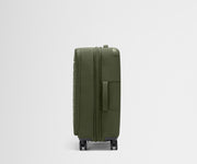 Side product view of The Softside Medium suitcase in Olive Green shown fully expanded