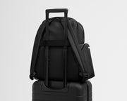 Black backpack on top of a black suitcase with a light gray background