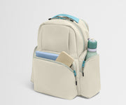 Beige backpack with blue accents on a light gray background