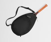 Black crossbody bag with a tennis racket on a light gray background