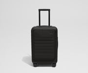 Front product view of The Front Pocket Carry-On suitcase in Jet Black with raised handle