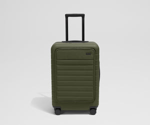 Front product view of The Front Pocket Bigger Carry-On suitcase in Olive Green with raised handle
