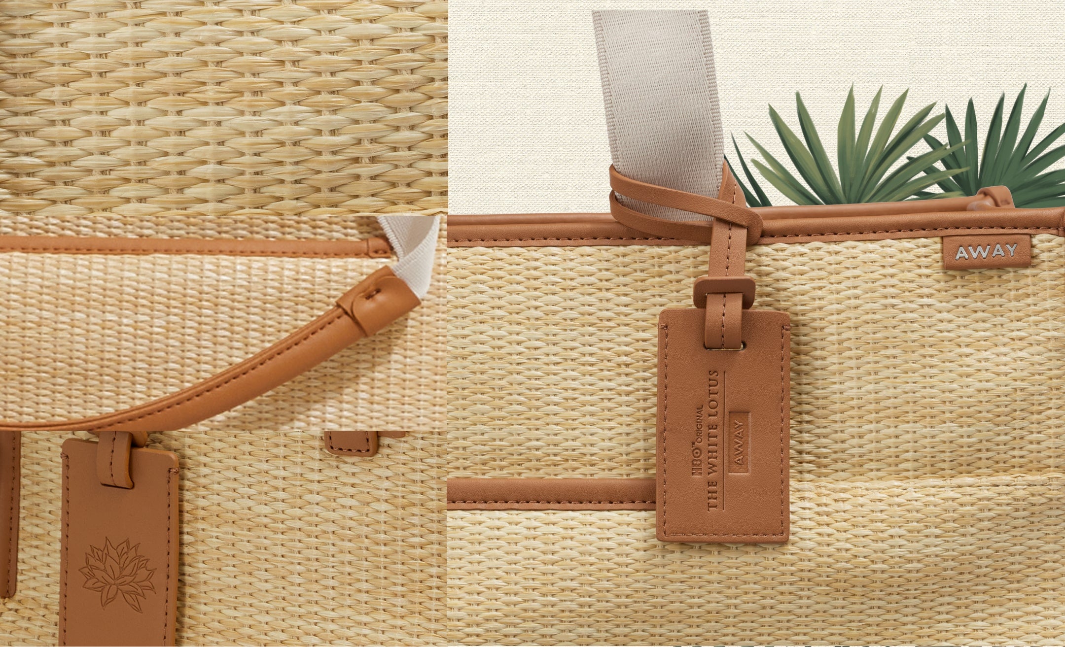 A collage of close up shots of Away White Lotus bags including the Raffia-texture and leather details