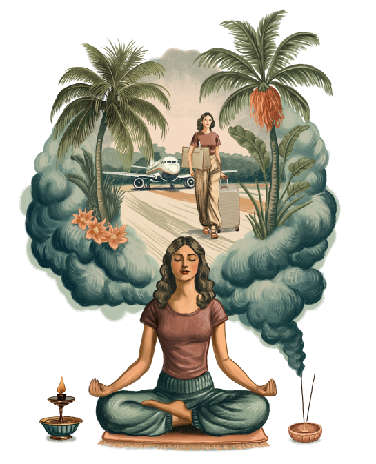 an illustration of a woman in a meditation, daydreaming about traveling with an Away suitcase