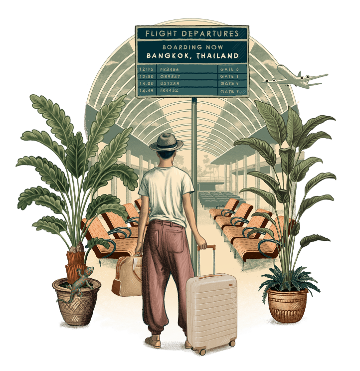 An illustration of a man rolling an Away suitcase through a tropical airport
